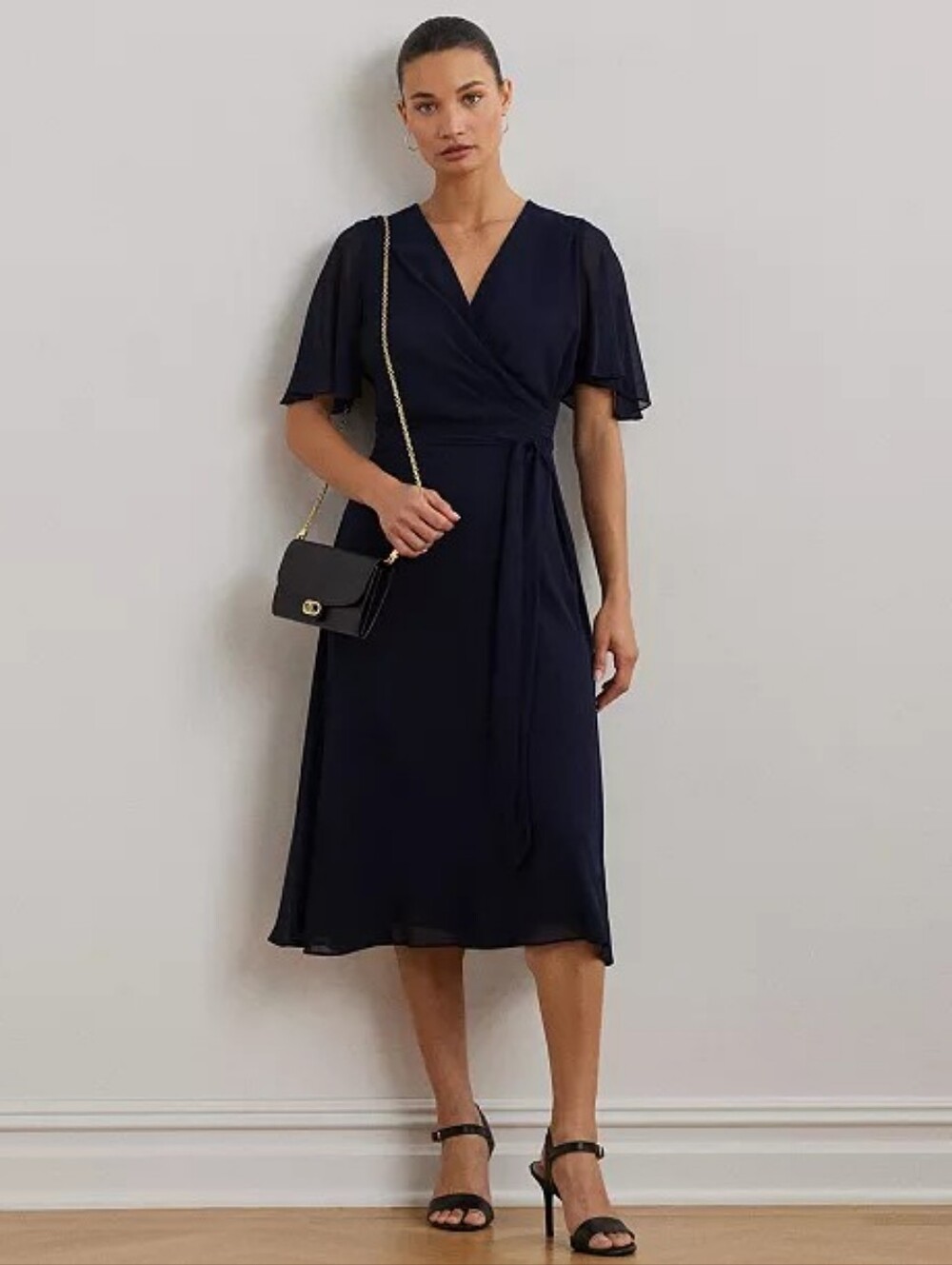 Lauren Ralph Lauren Belted Georgette Dress in Navy